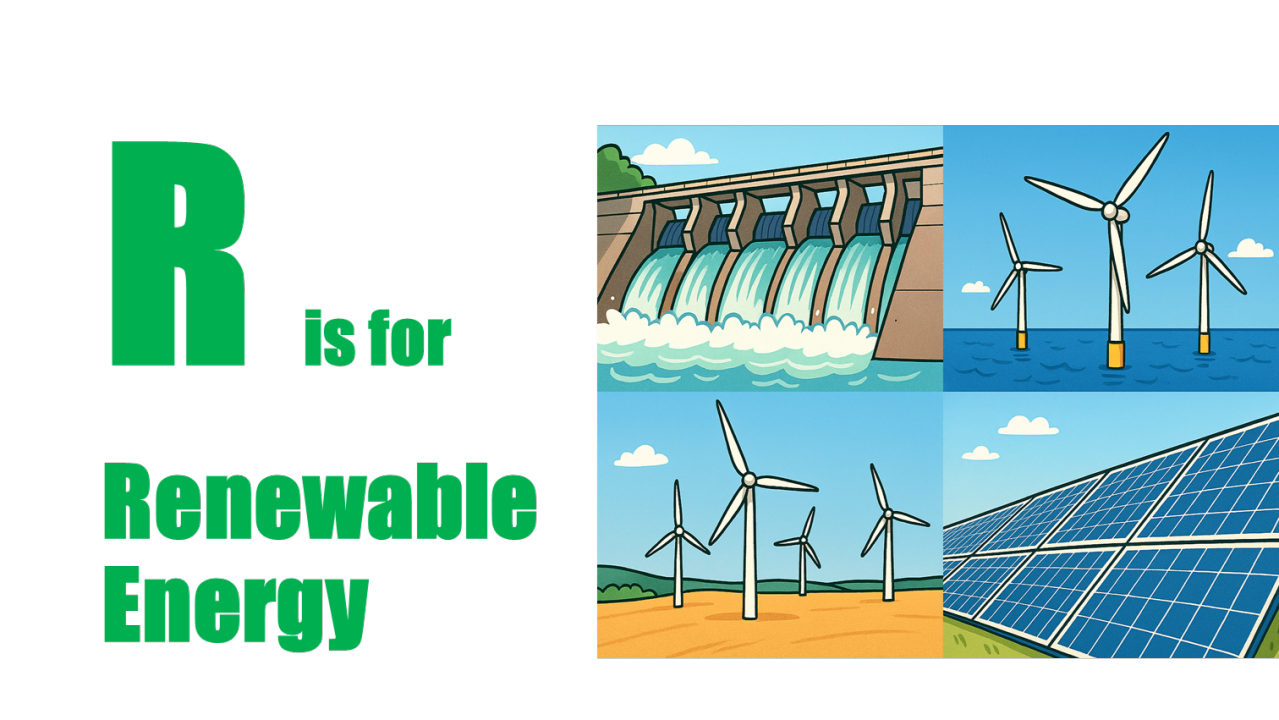 image of renewable energy sources, a hydroelectric dam, solar panels, onshore and offshore wind turbines